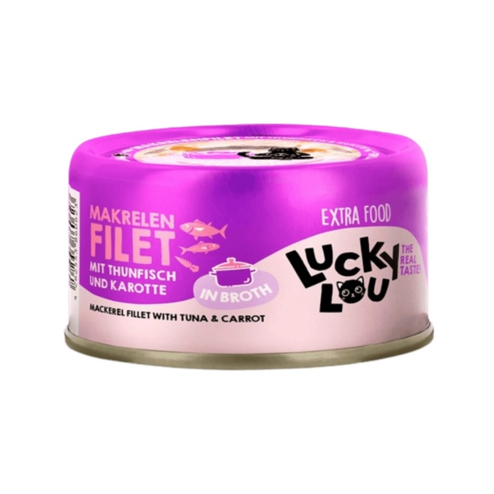 Lucky Lou Extrafood Makrela i tuńczyk w bulionie 70 g - karma uzupełniająca dla kota z kawałkami ryb w puszce